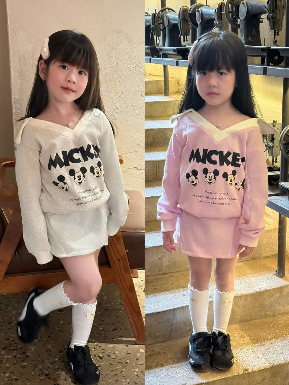 Sét nỉ bộ mickyyy cổ tim bé gái