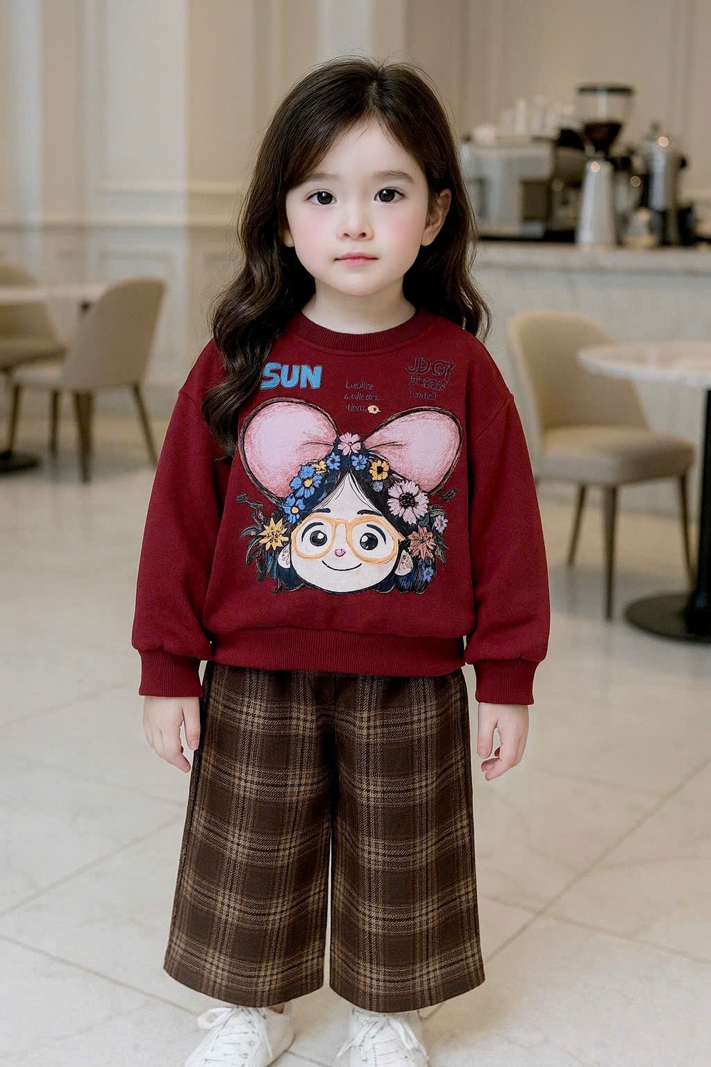 Sét bộ nỉ cô gái đeo nơ quần xuông kẻ bé gái