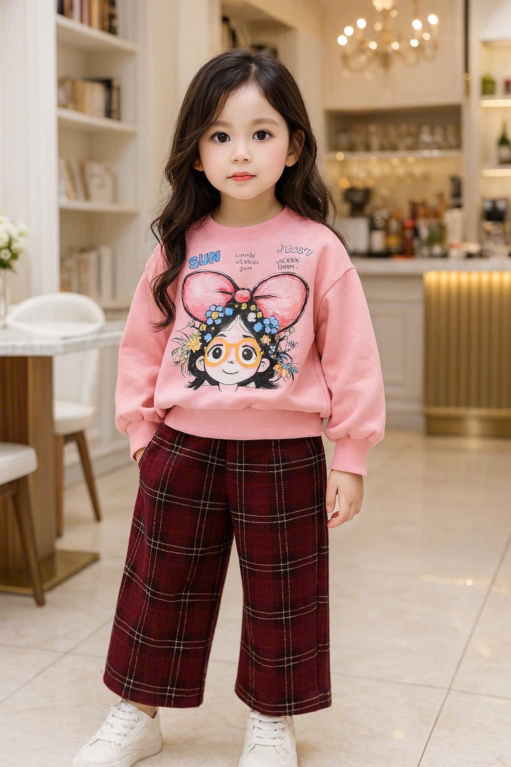 Sét bộ nỉ cô gái đeo nơ quần xuông kẻ bé gái