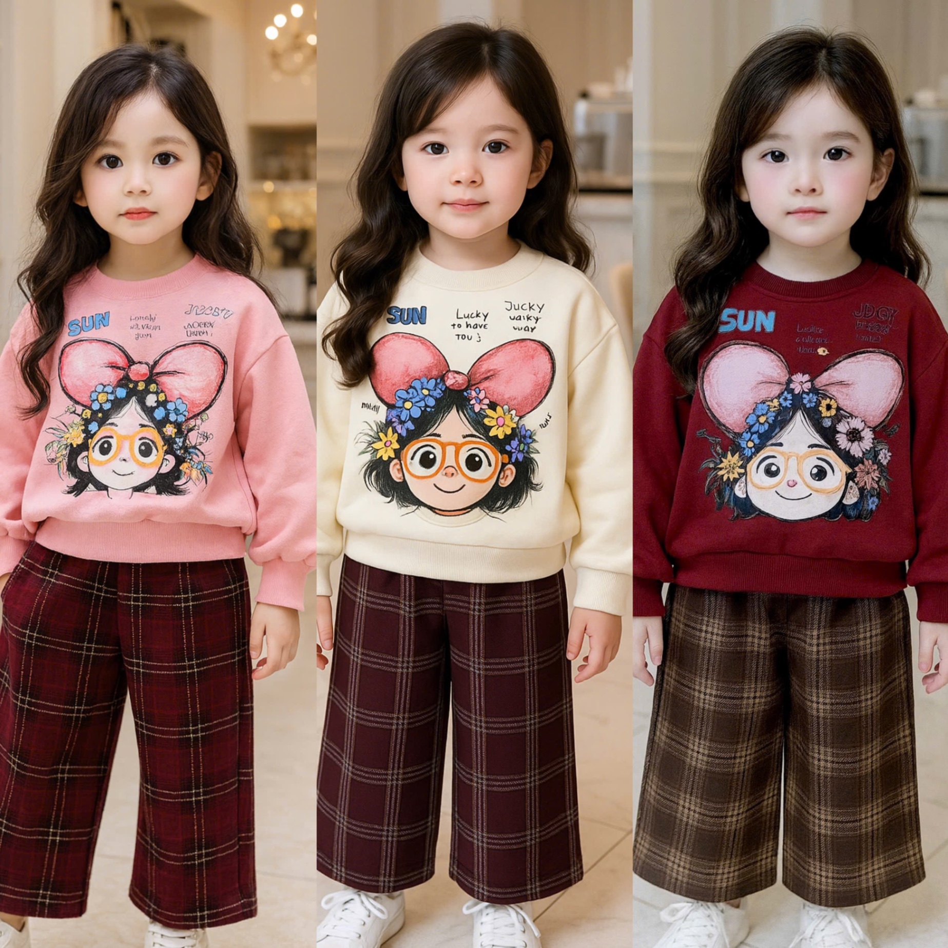 Sét bộ nỉ cô gái đeo nơ quần xuông kẻ bé gái