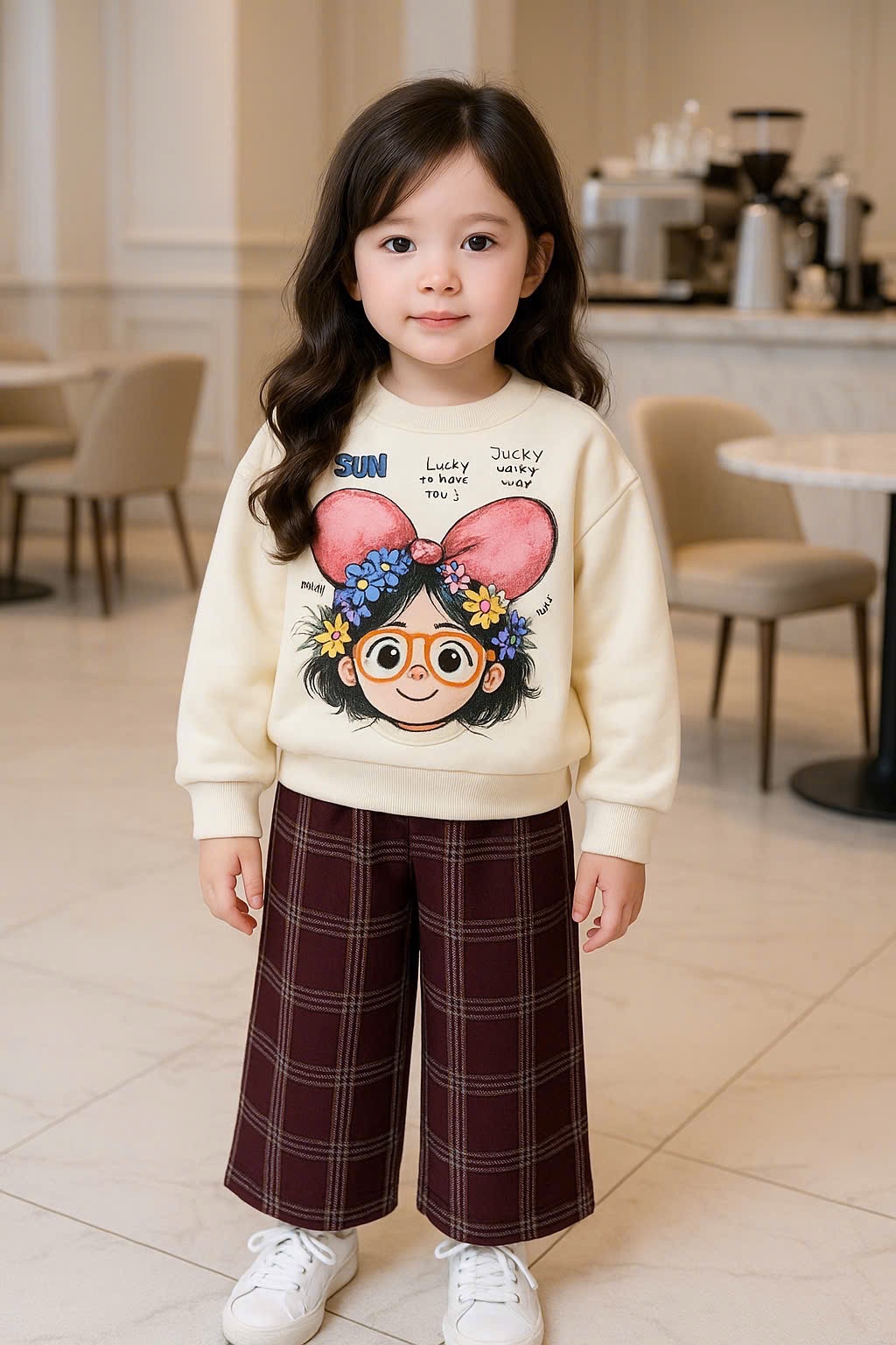 Sét bộ nỉ cô gái đeo nơ quần xuông kẻ bé gái