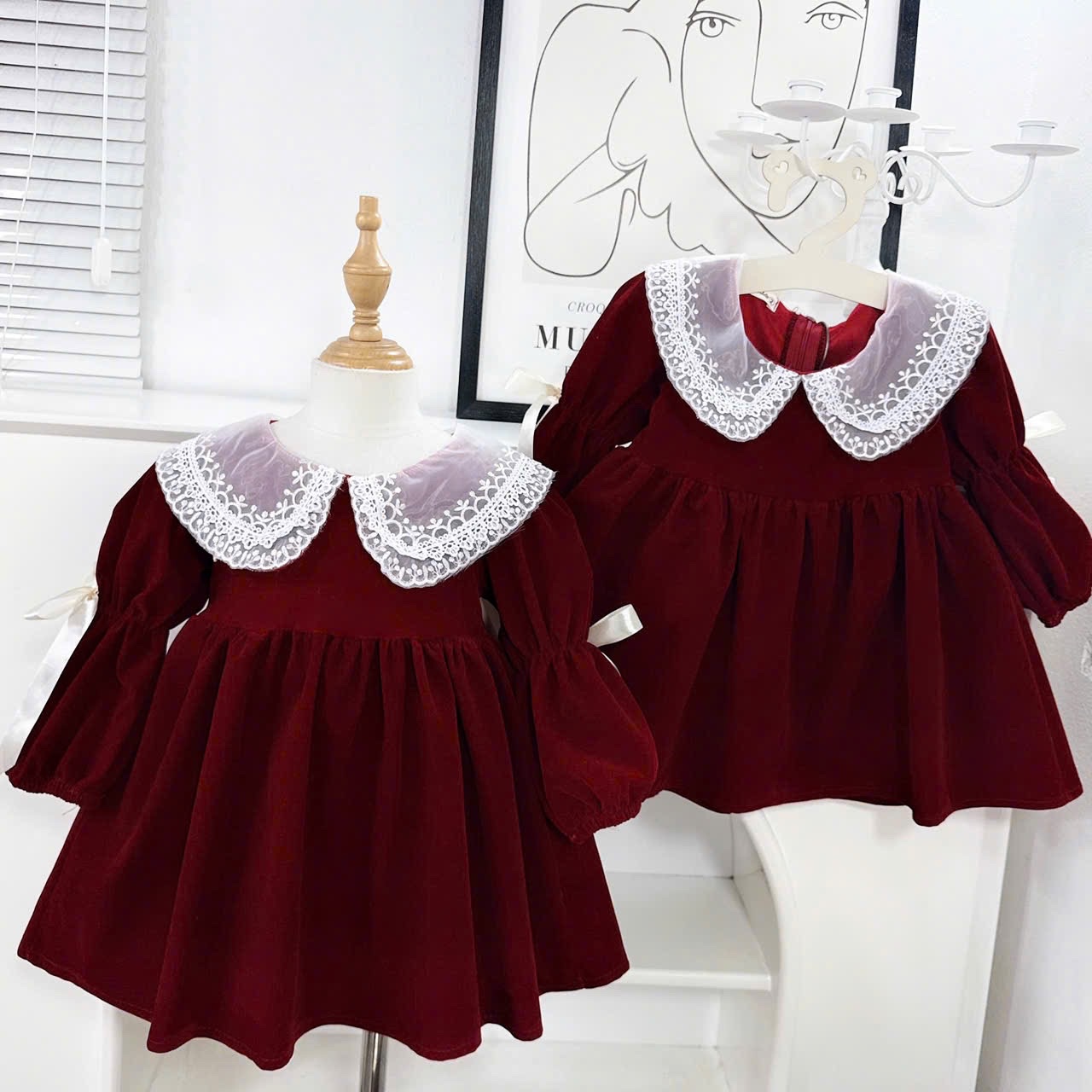 Váy nhung đỏ babydoll nơ sau xk bé gái