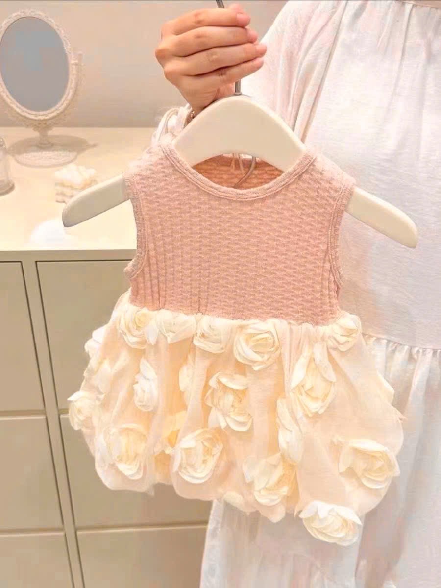 Sét váy phối voan hoa hồng kèm áo khoác ngoài bé gái