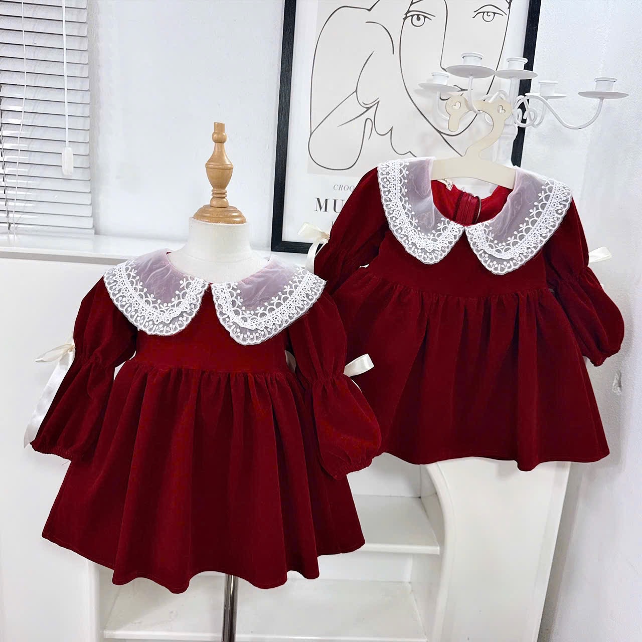 Váy nhung đỏ babydoll nơ sau xk bé gái
