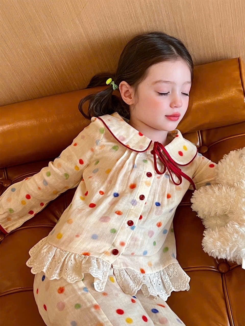 Sét pzm chấm bi phối ren kem bé gái