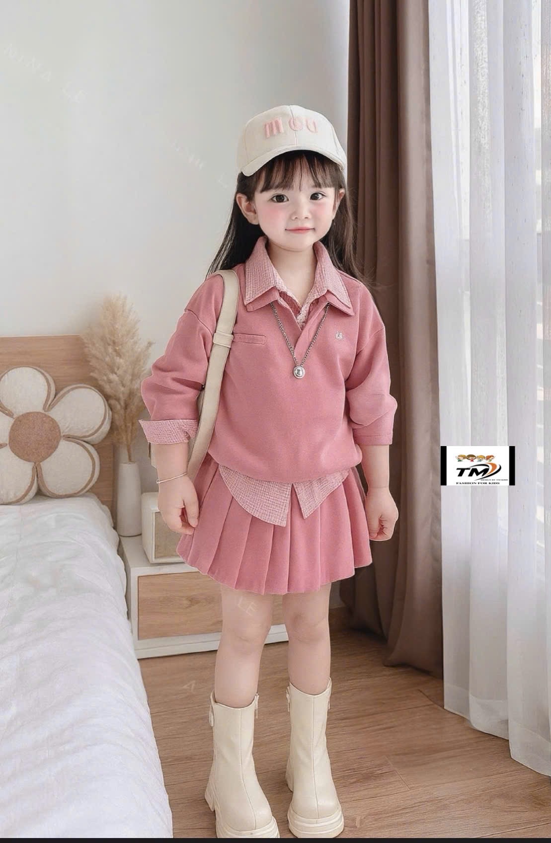 Sét bộ nỉ hồng phối cổ và vạt sơ mi liền cv dập ly bé gái