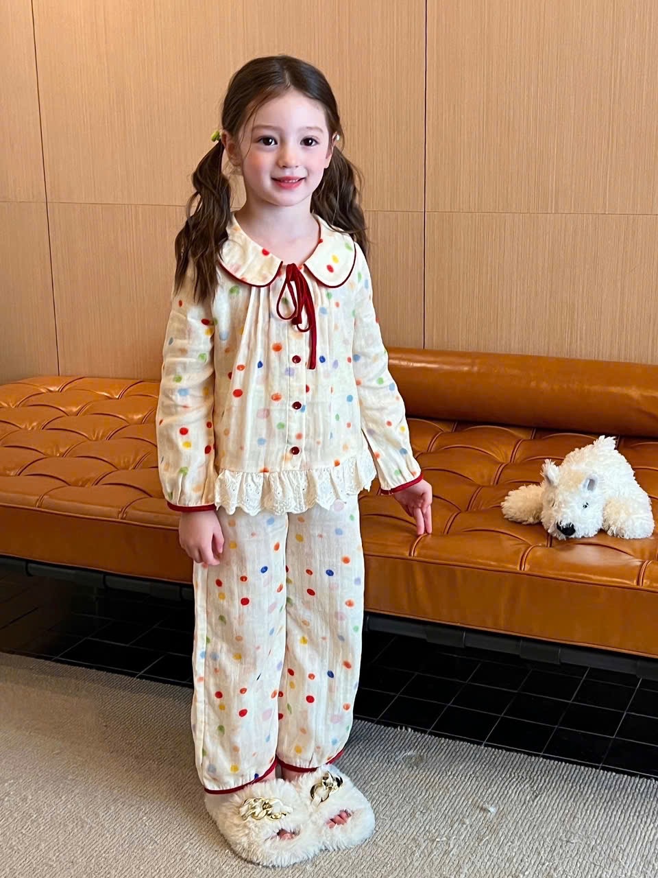 Sét pzm chấm bi phối ren kem bé gái