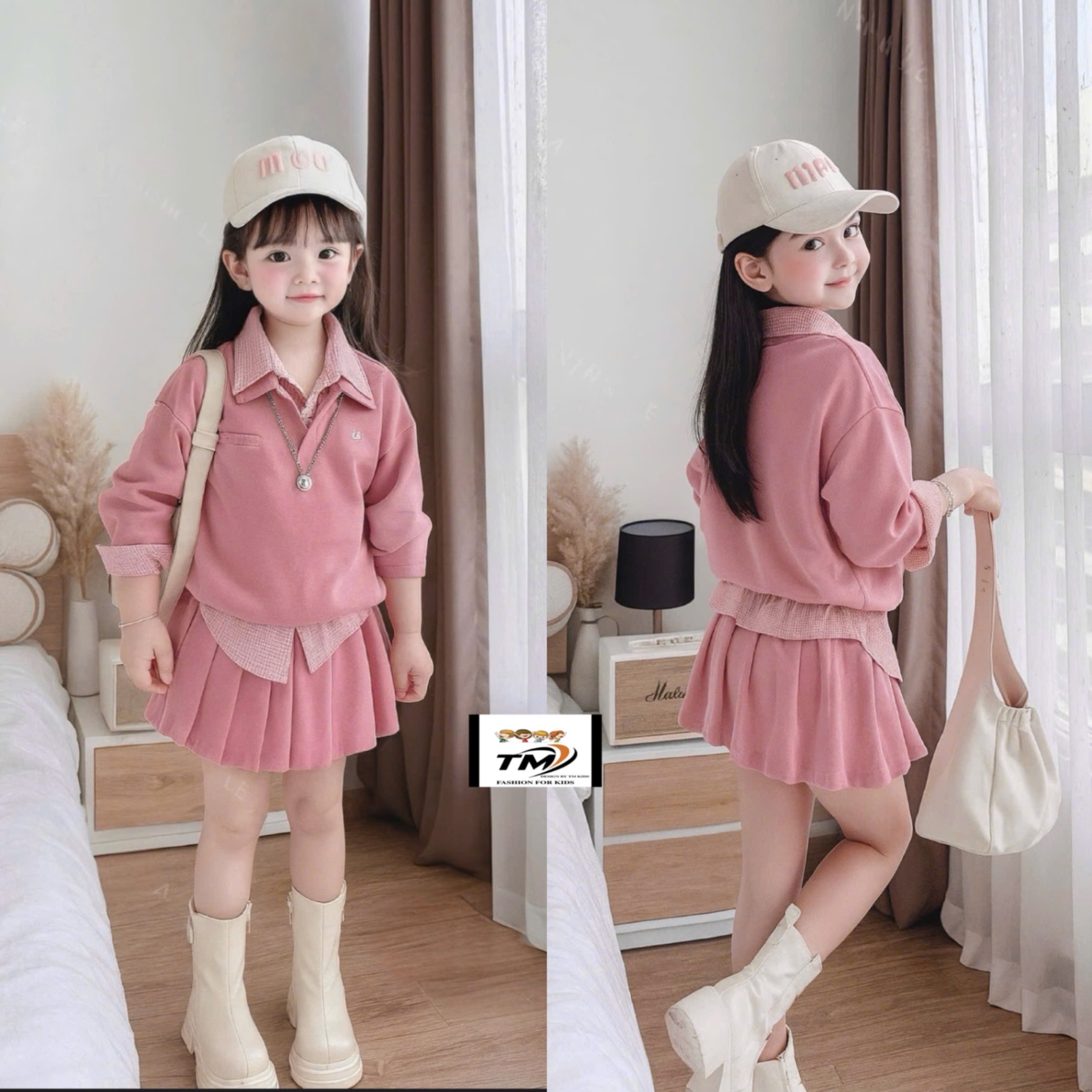 Sét bộ nỉ hồng phối cổ và vạt sơ mi liền cv dập ly bé gái