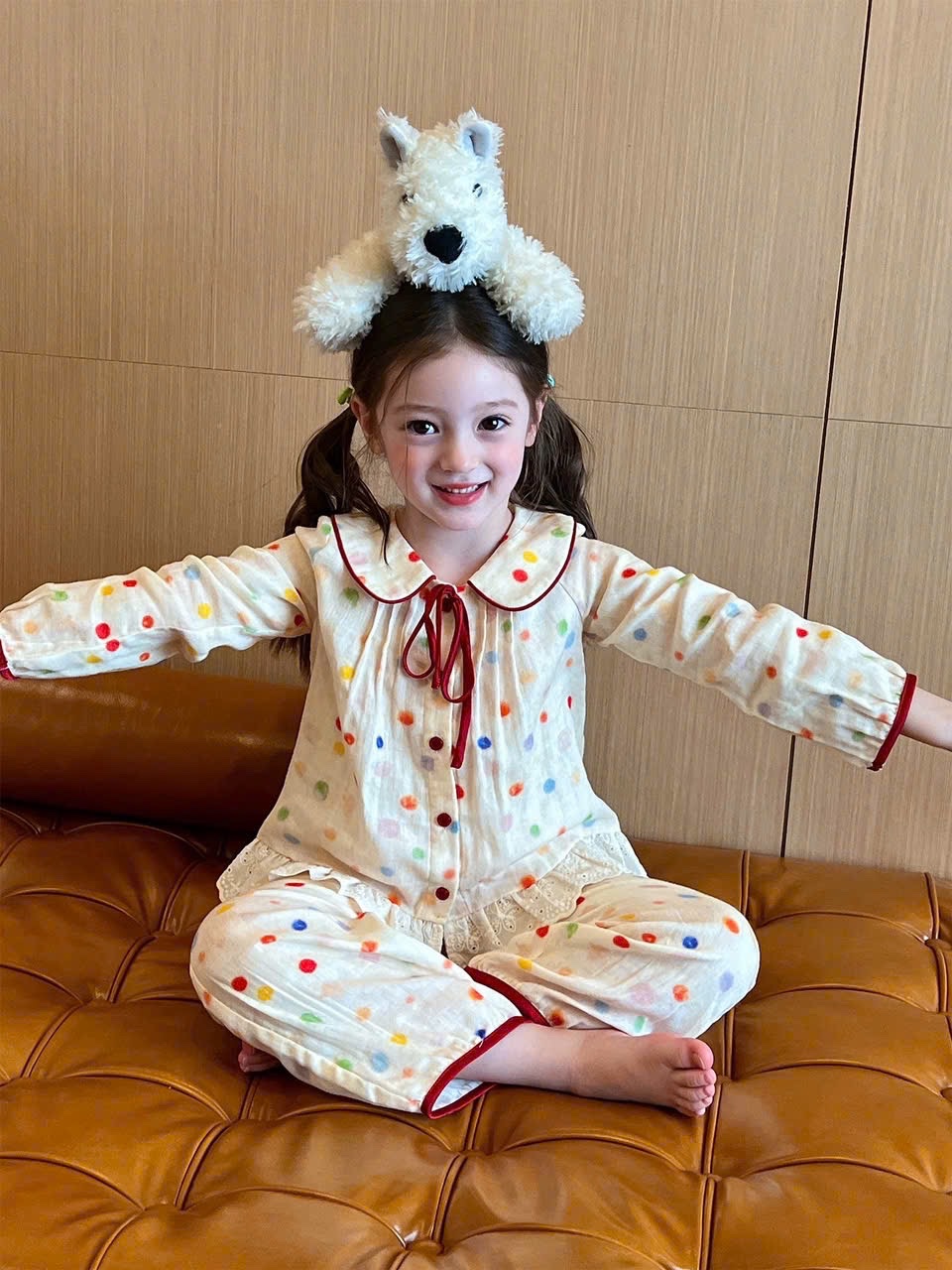 Sét pzm chấm bi phối ren kem bé gái