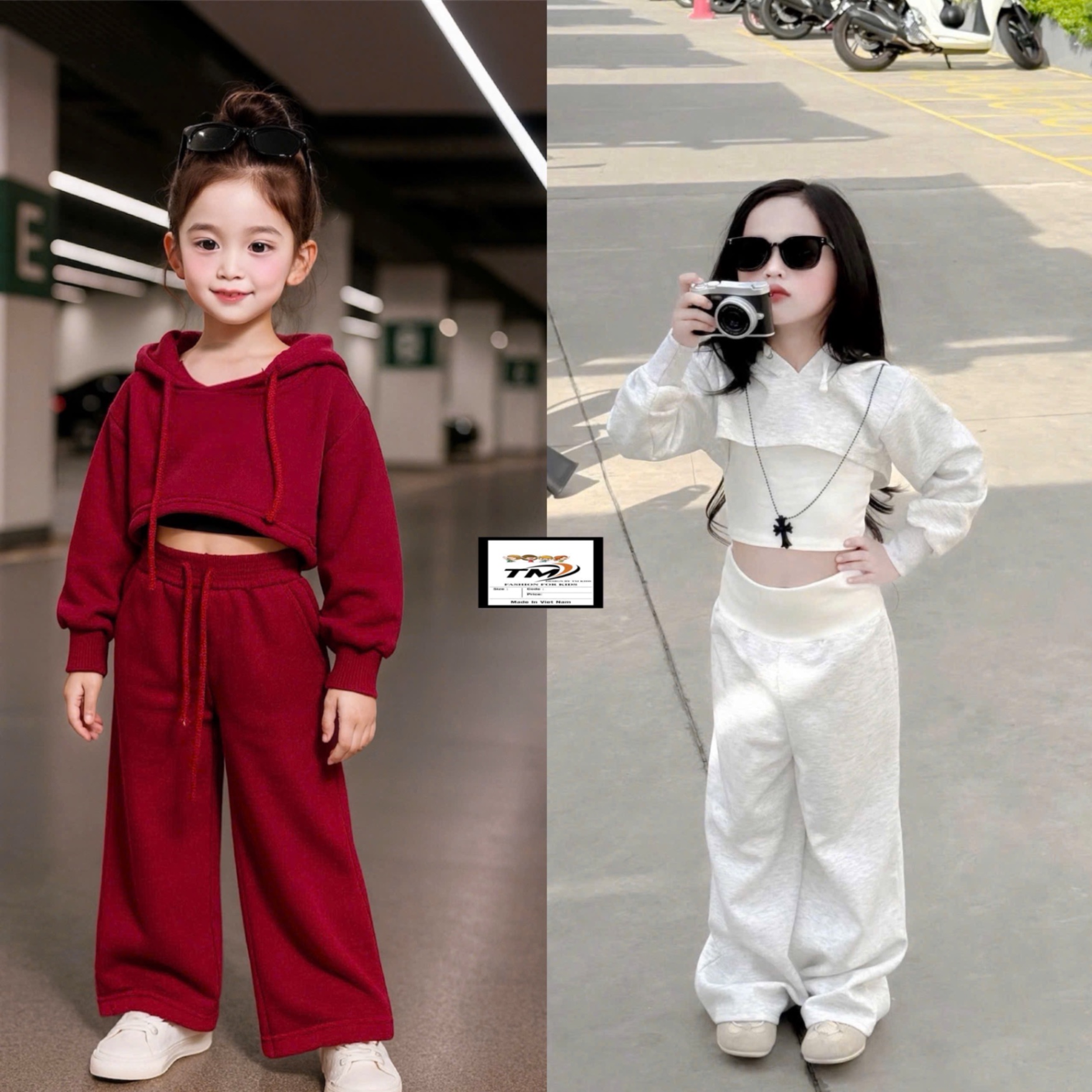 Sét 3 chi tiết croptop mic quần ống xuông bé gái