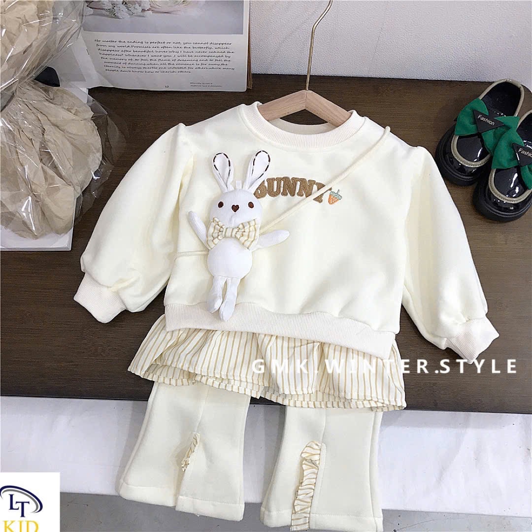 Sét bộ nỉ Bunny quần loe kèm thỏ đeo bé gái