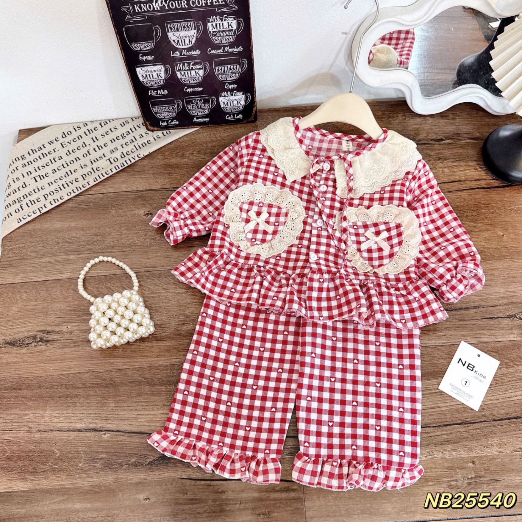 Sét bộ pzm cổ ren caro bé gái