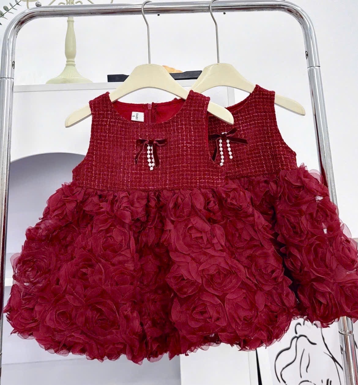 Váy dạ nhung phối thân voan hồng bé gái