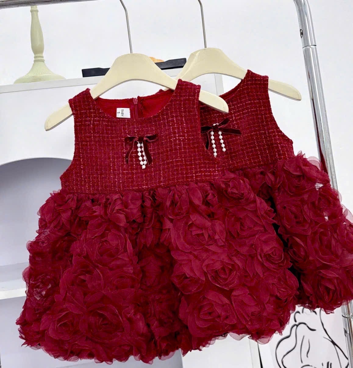 Váy dạ nhung phối thân voan hồng bé gái