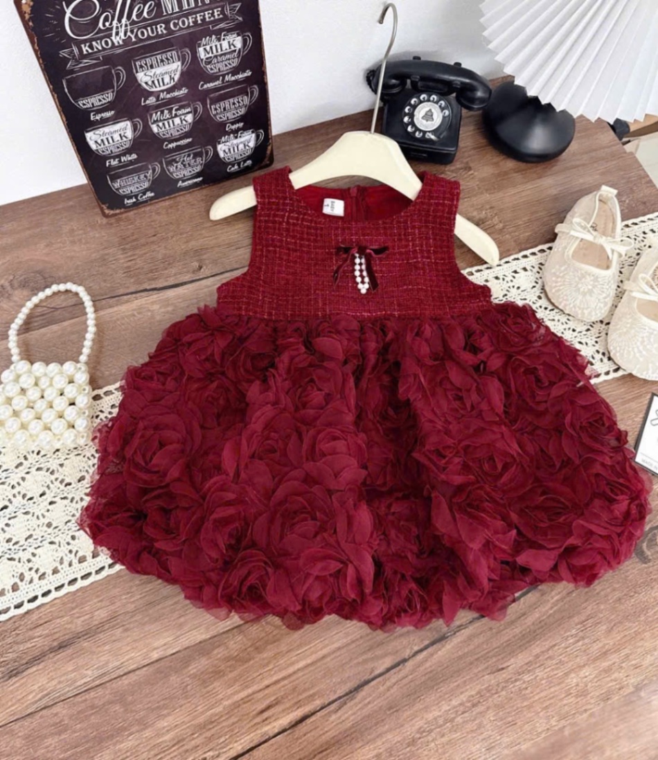 Váy dạ nhung phối thân voan hồng bé gái
