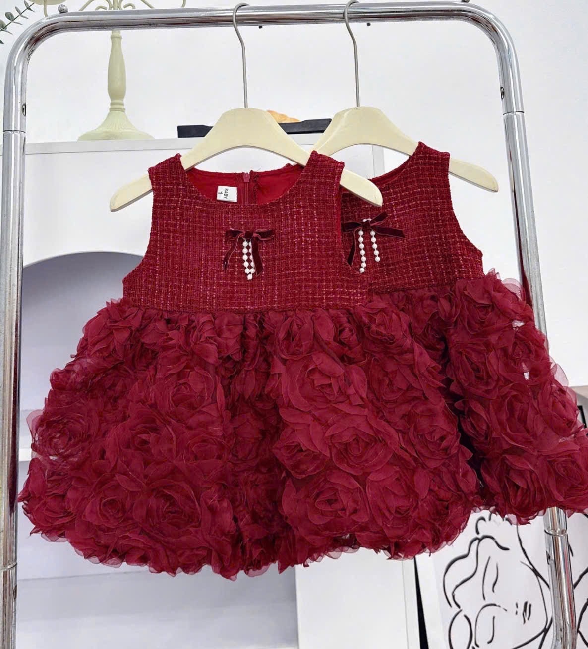 Váy dạ nhung phối thân voan hồng bé gái