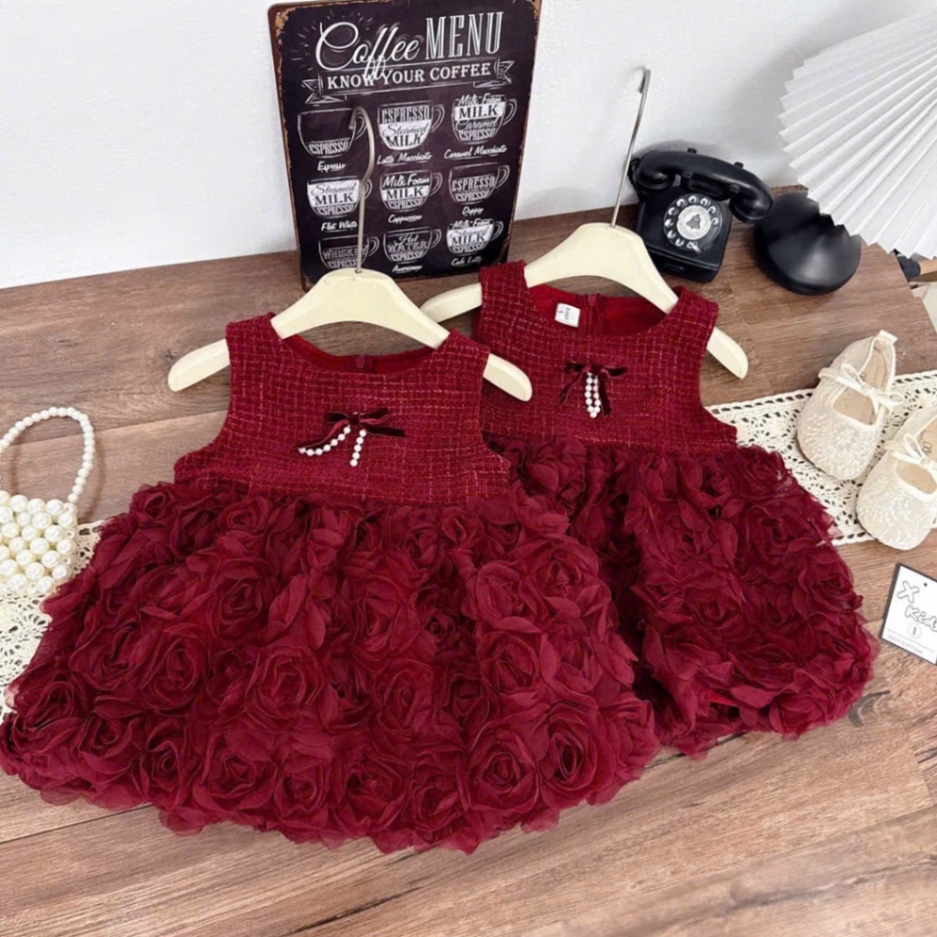 Váy dạ nhung phối thân voan hồng bé gái
