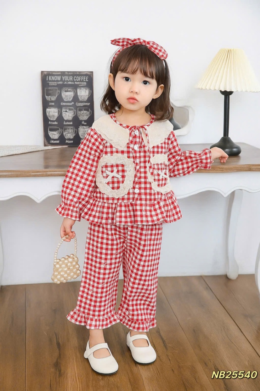 Sét bộ pzm cổ ren caro bé gái