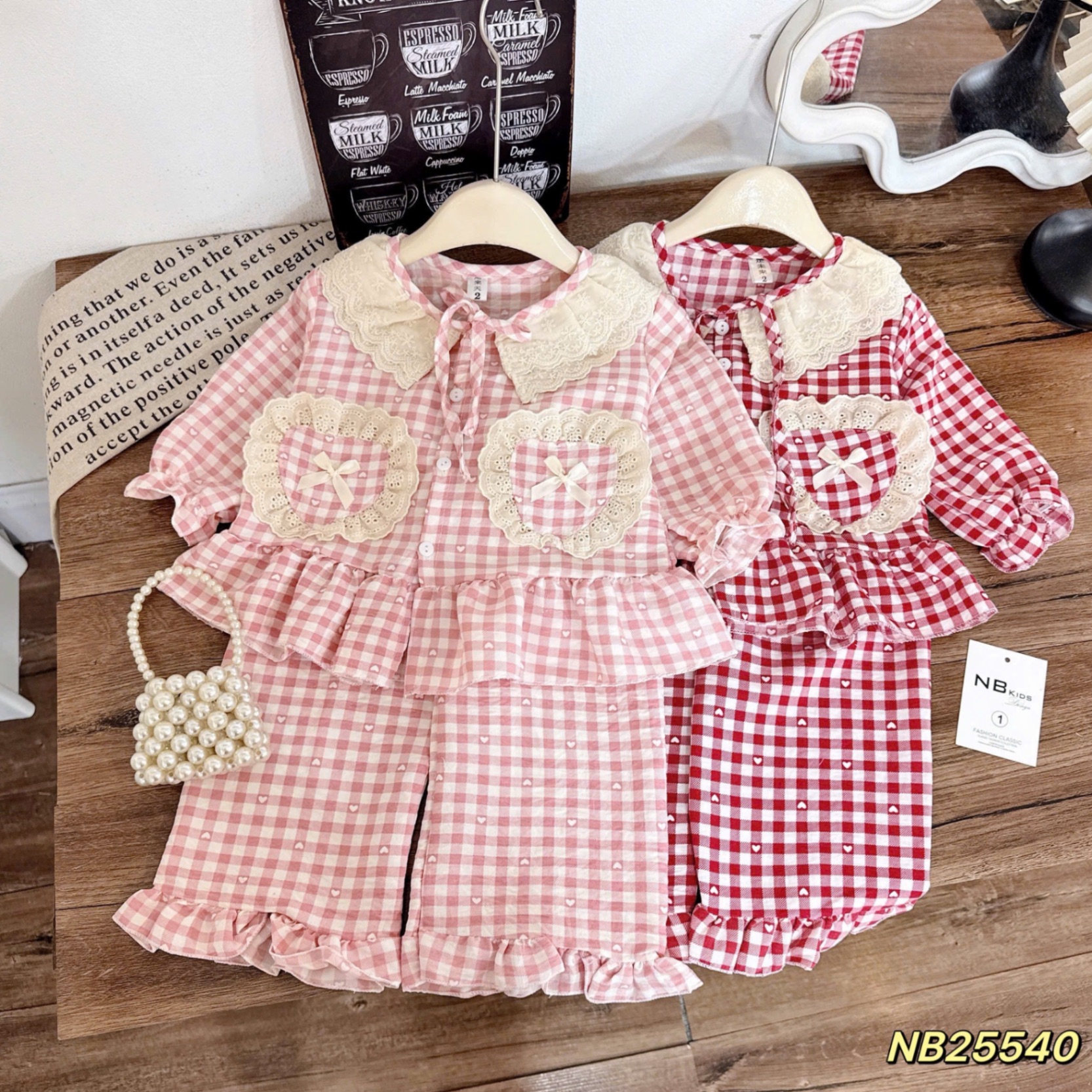 Sét bộ pzm cổ ren caro bé gái