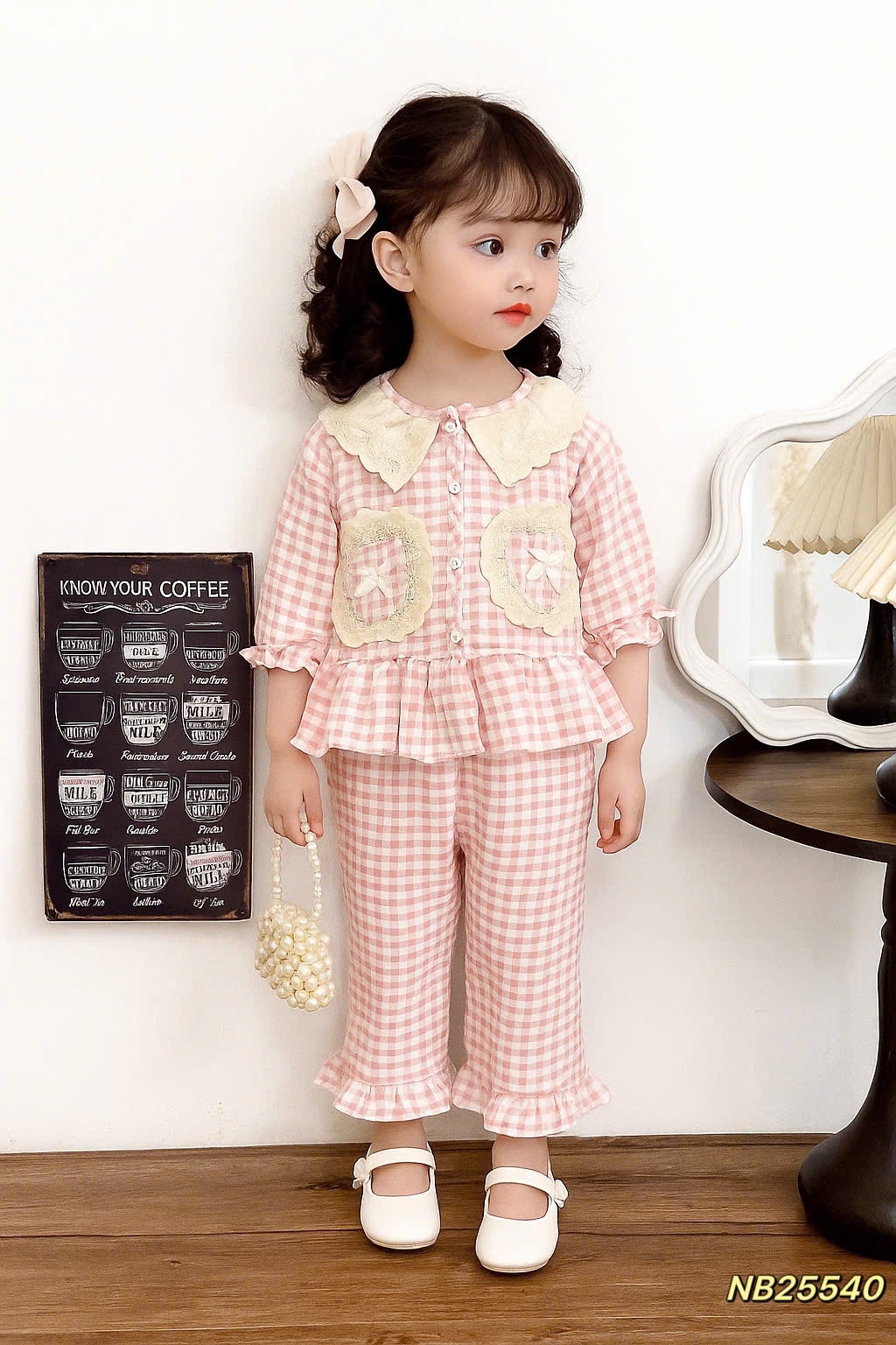 Sét bộ pzm cổ ren caro bé gái