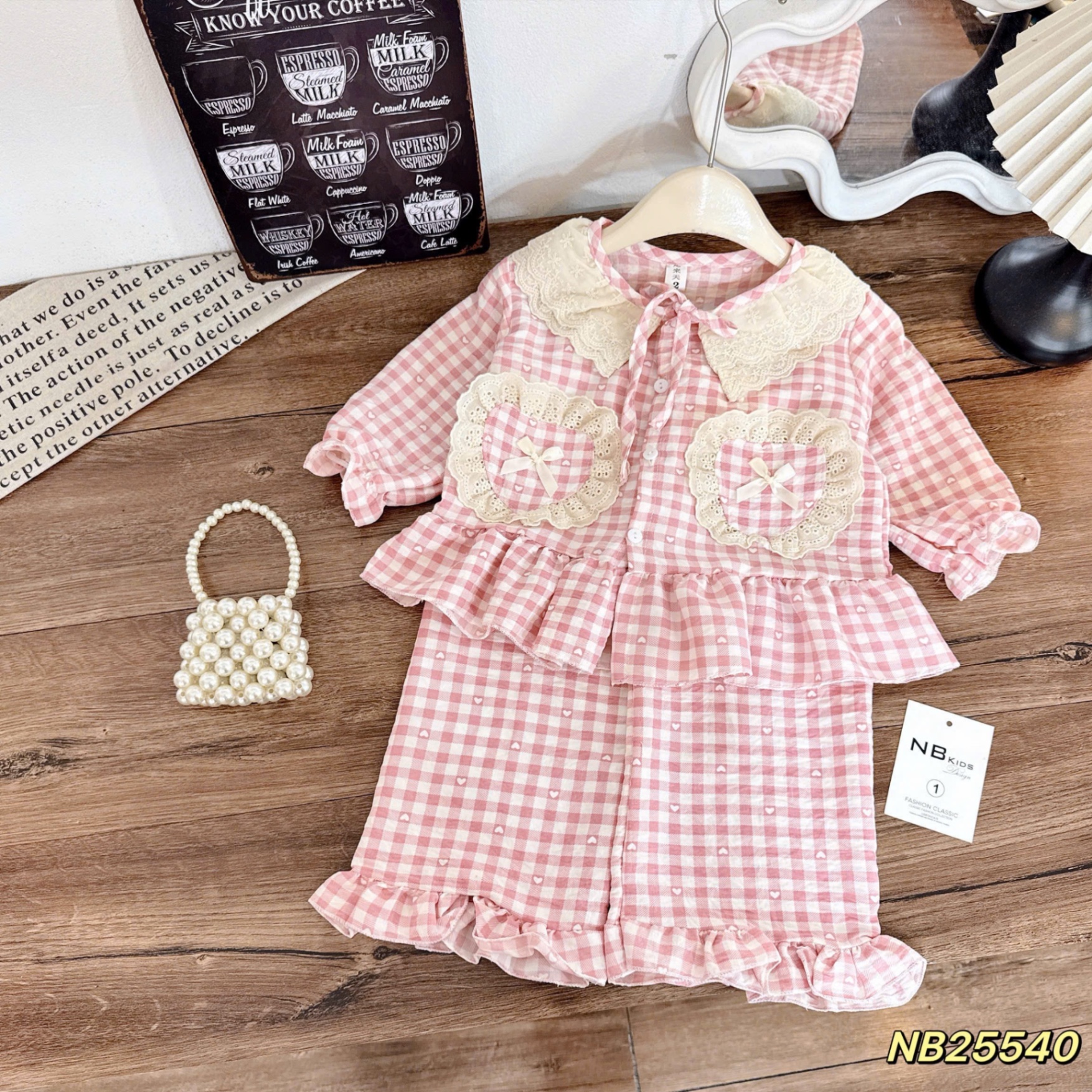 Sét bộ pzm cổ ren caro bé gái