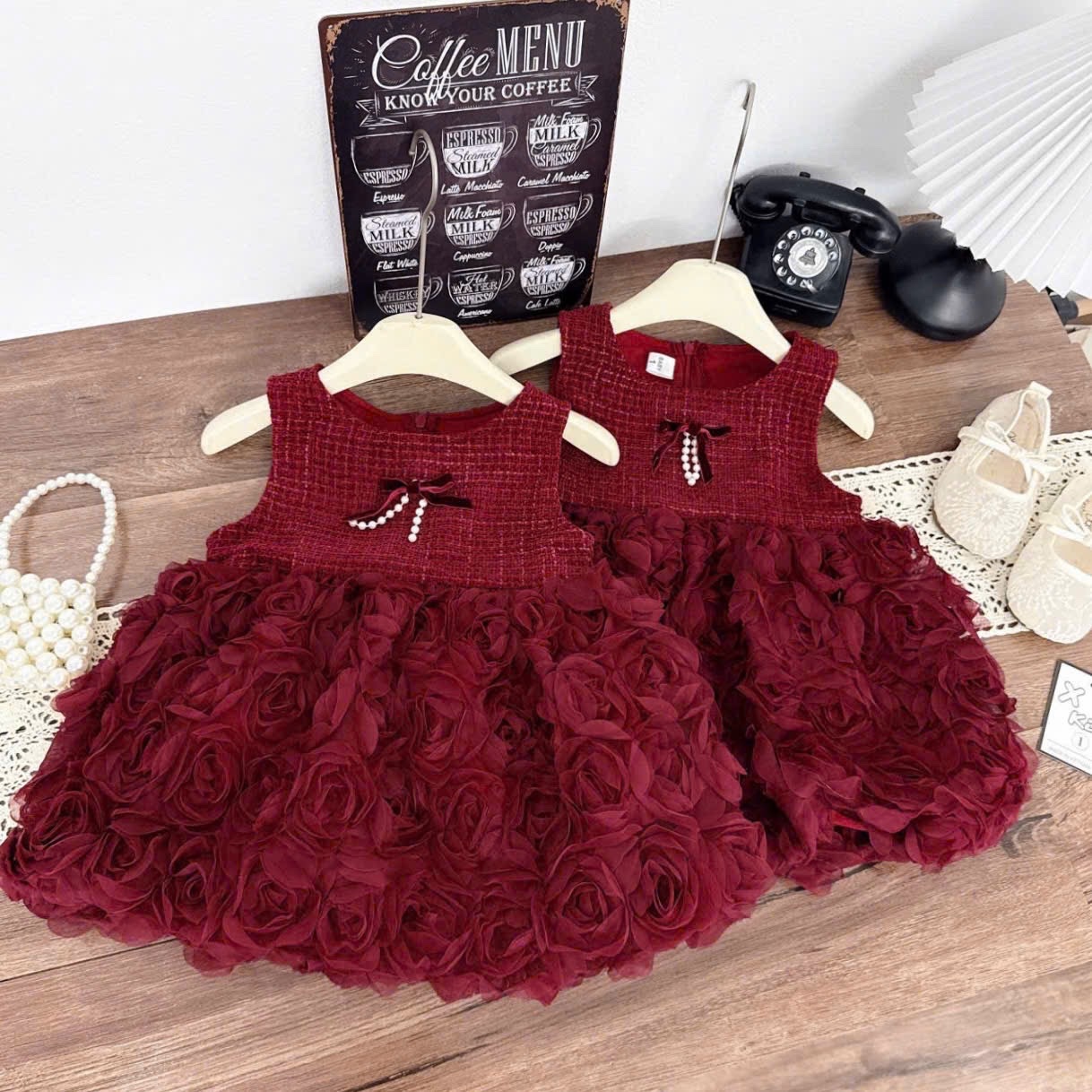 Váy dạ nhung phối thân voan hồng bé gái