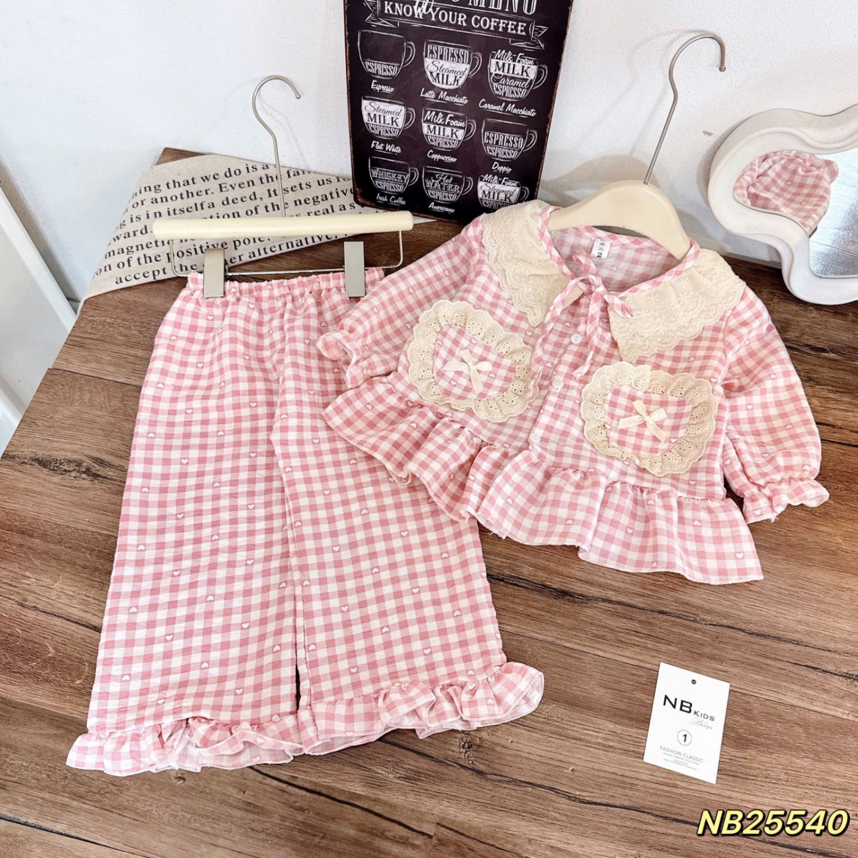 Sét bộ pzm cổ ren caro bé gái