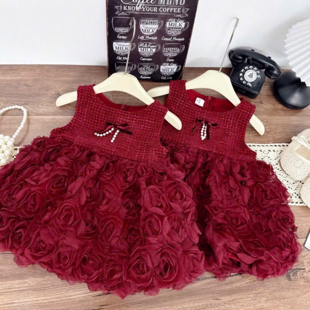 Váy dạ nhung phối thân voan hồng bé gái