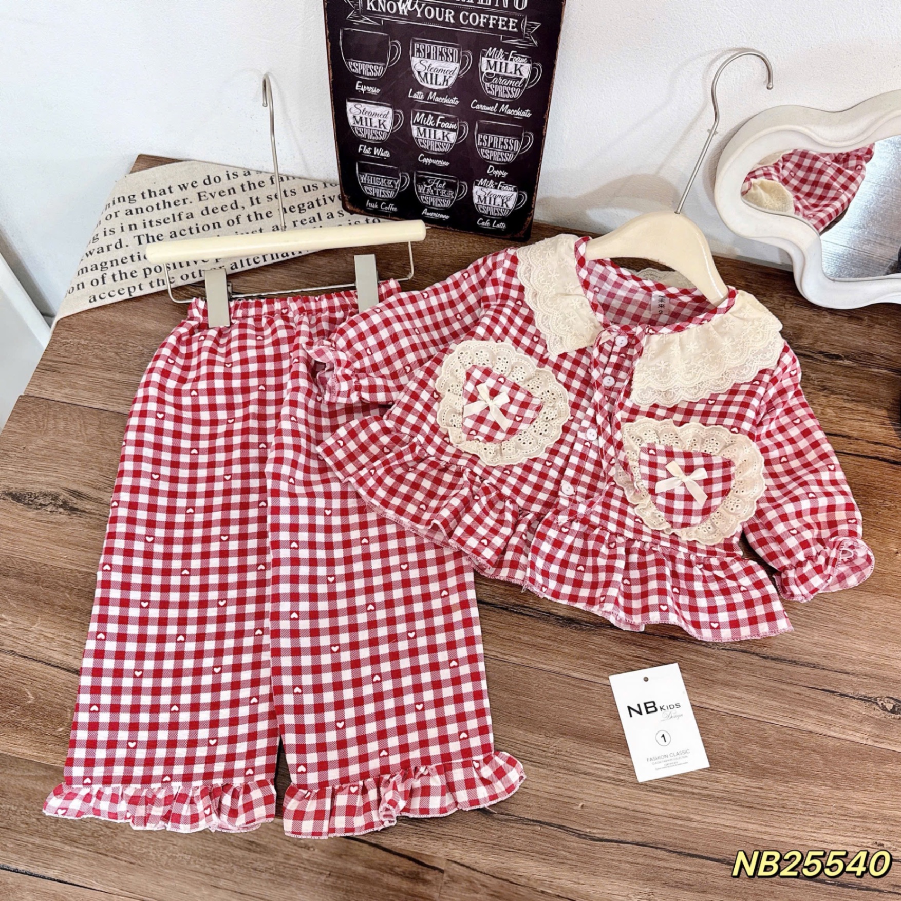 Sét bộ pzm cổ ren caro bé gái