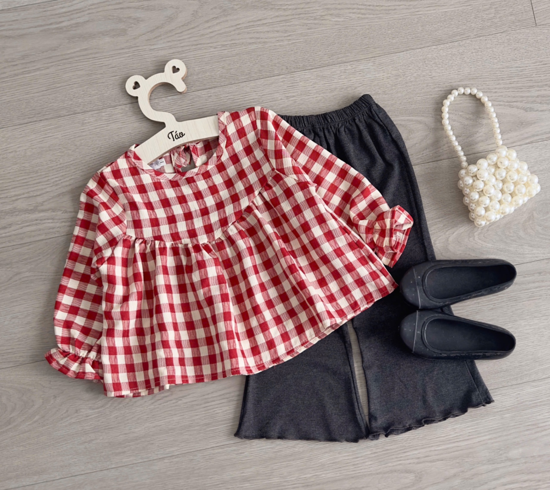 Sét áo kẻ babydoll quần loe bé gái tk