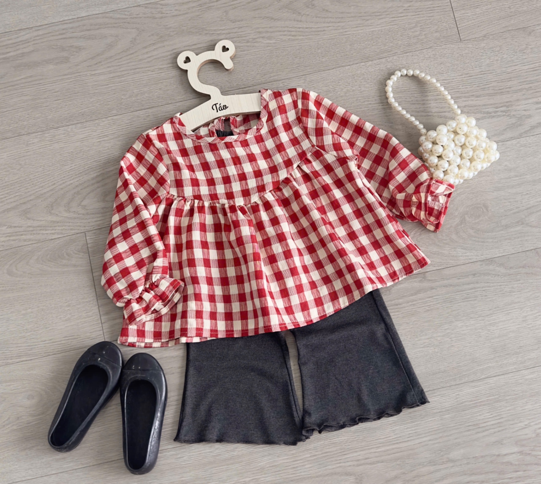 Sét áo kẻ babydoll quần loe bé gái tk