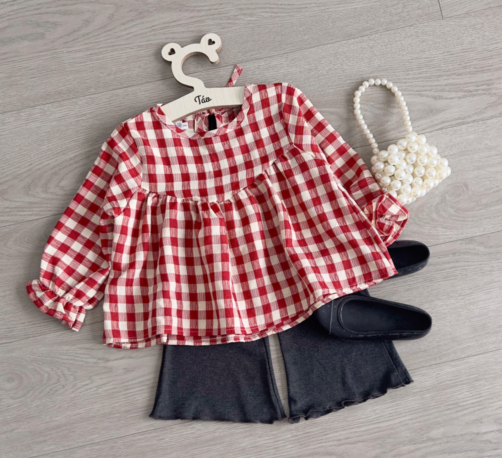 Sét áo kẻ babydoll quần loe bé gái tk