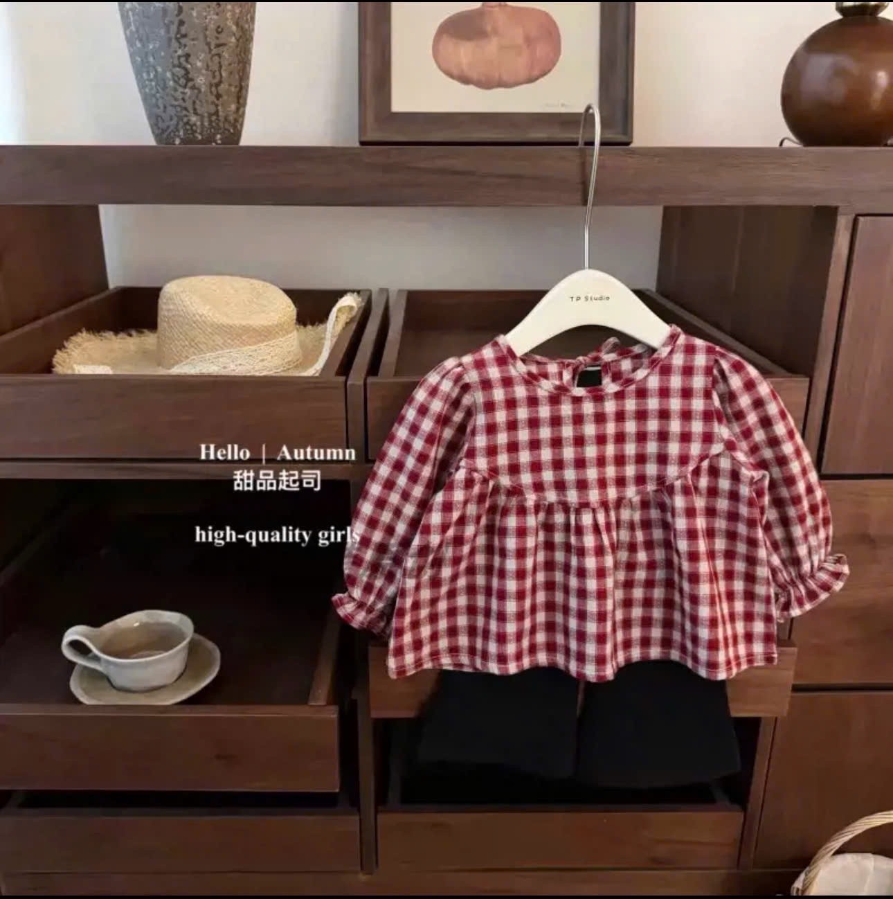 Sét áo kẻ babydoll quần loe bé gái tk