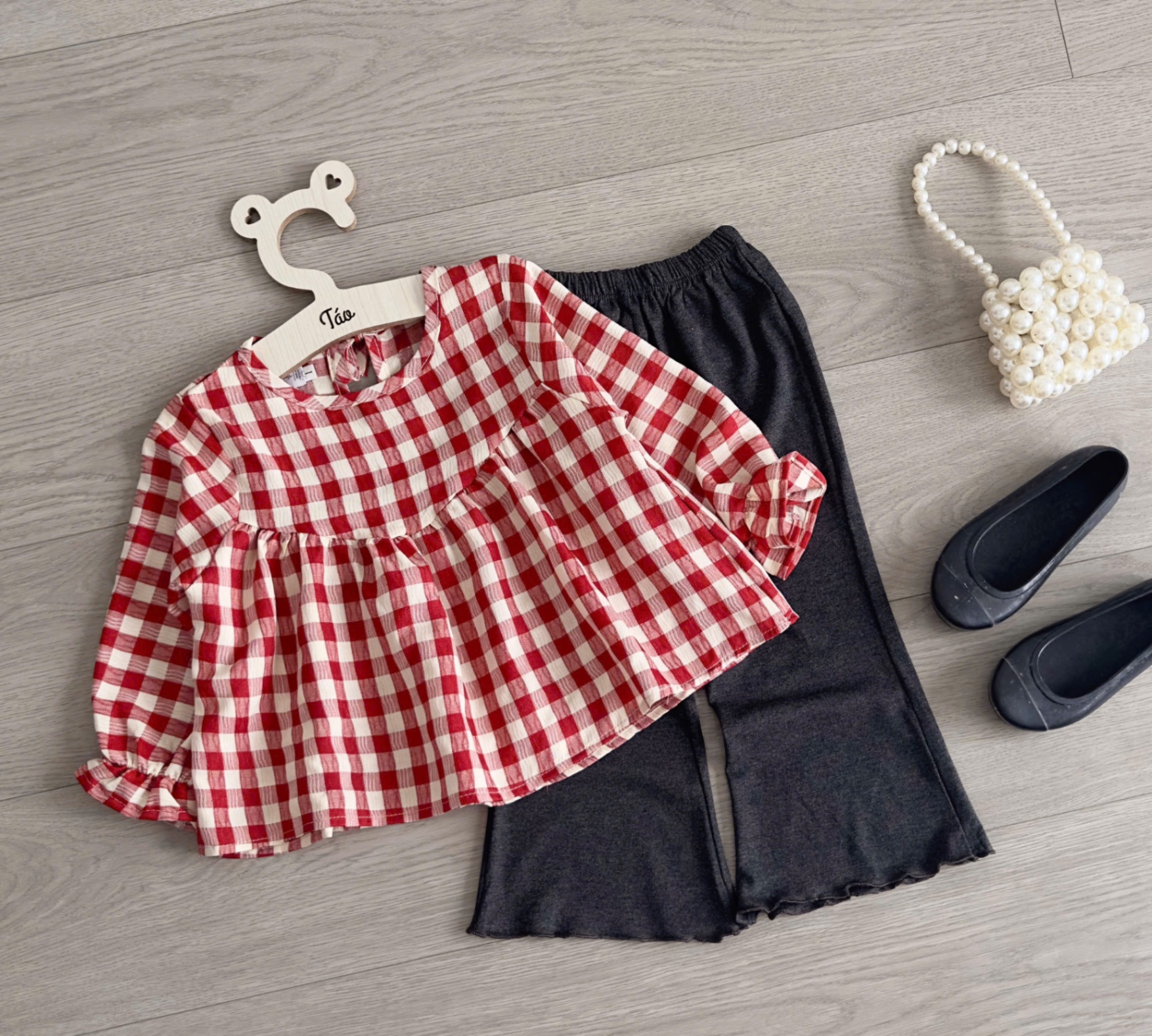 Sét áo kẻ babydoll quần loe bé gái tk