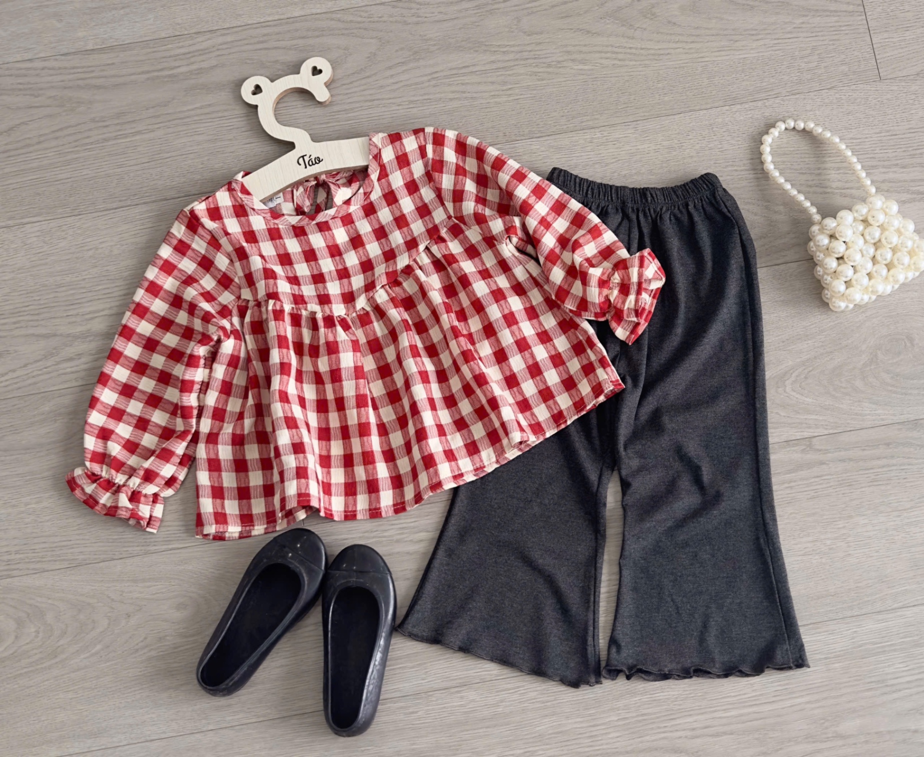 Sét áo kẻ babydoll quần loe bé gái tk