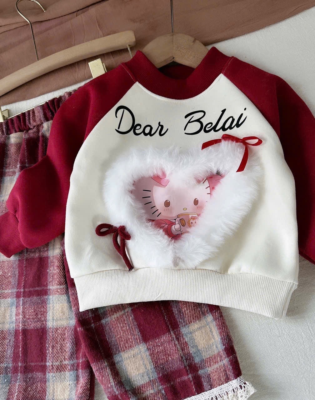 Sét áo dear belai nỉ quần xuông caro cho bé gái