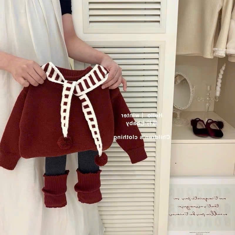 Sét bộ nỉ lót lông mịn quần legging khăn kẻ bé gái