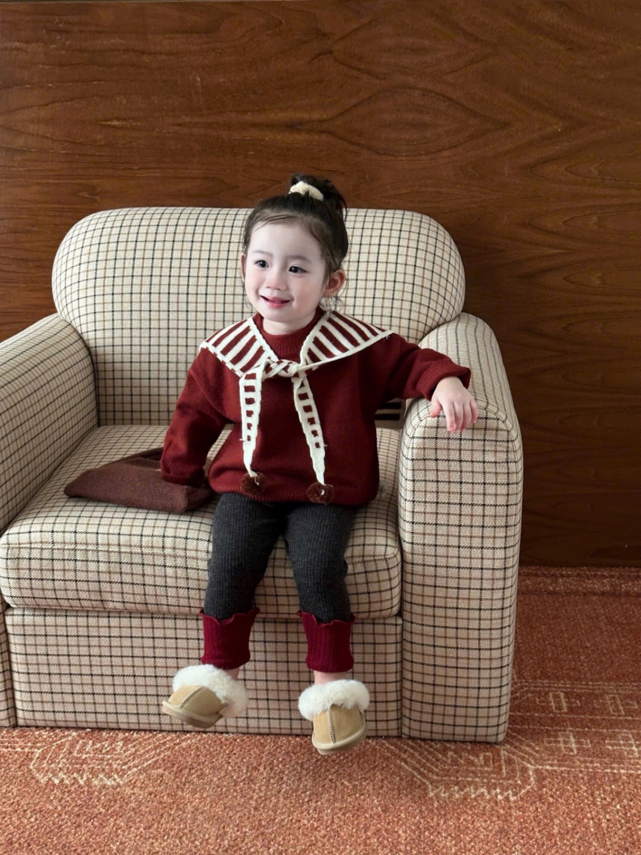 Sét bộ nỉ lót lông mịn quần legging khăn kẻ bé gái