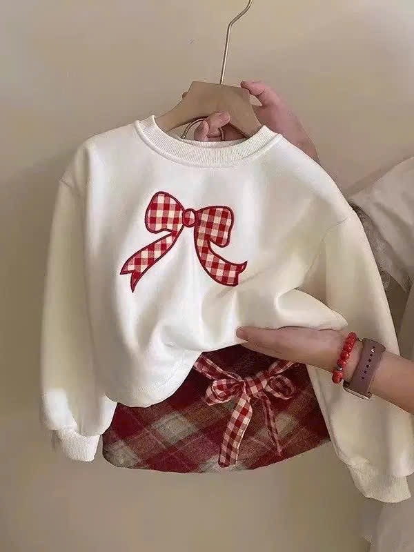 Sét bộ áo nỉ thêu nơ cv caro bé gái