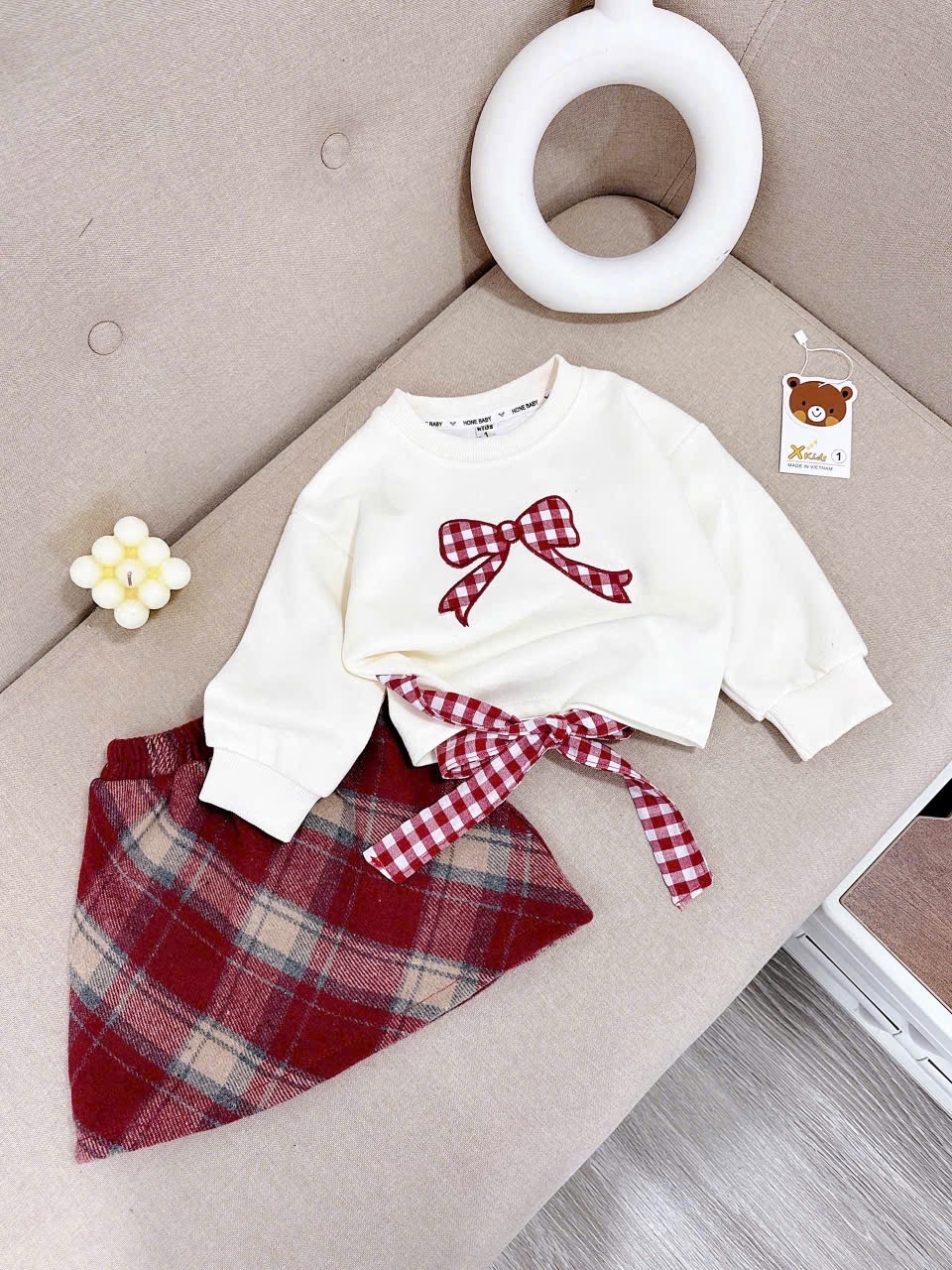 Sét bộ áo nỉ thêu nơ cv caro bé gái