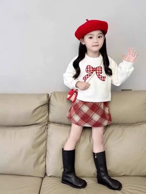 Sét bộ áo nỉ thêu nơ cv caro bé gái