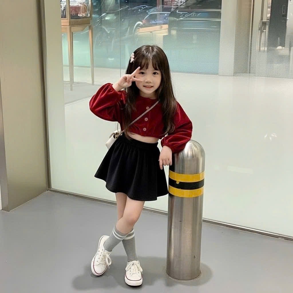 Sét áo croptop nhung đỏ cv bé gái