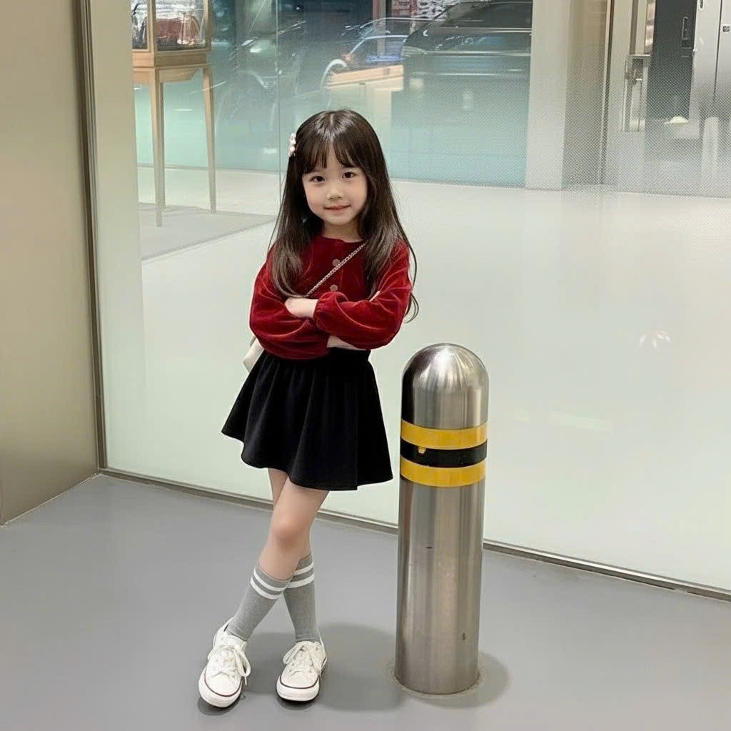 Sét áo croptop nhung đỏ cv bé gái