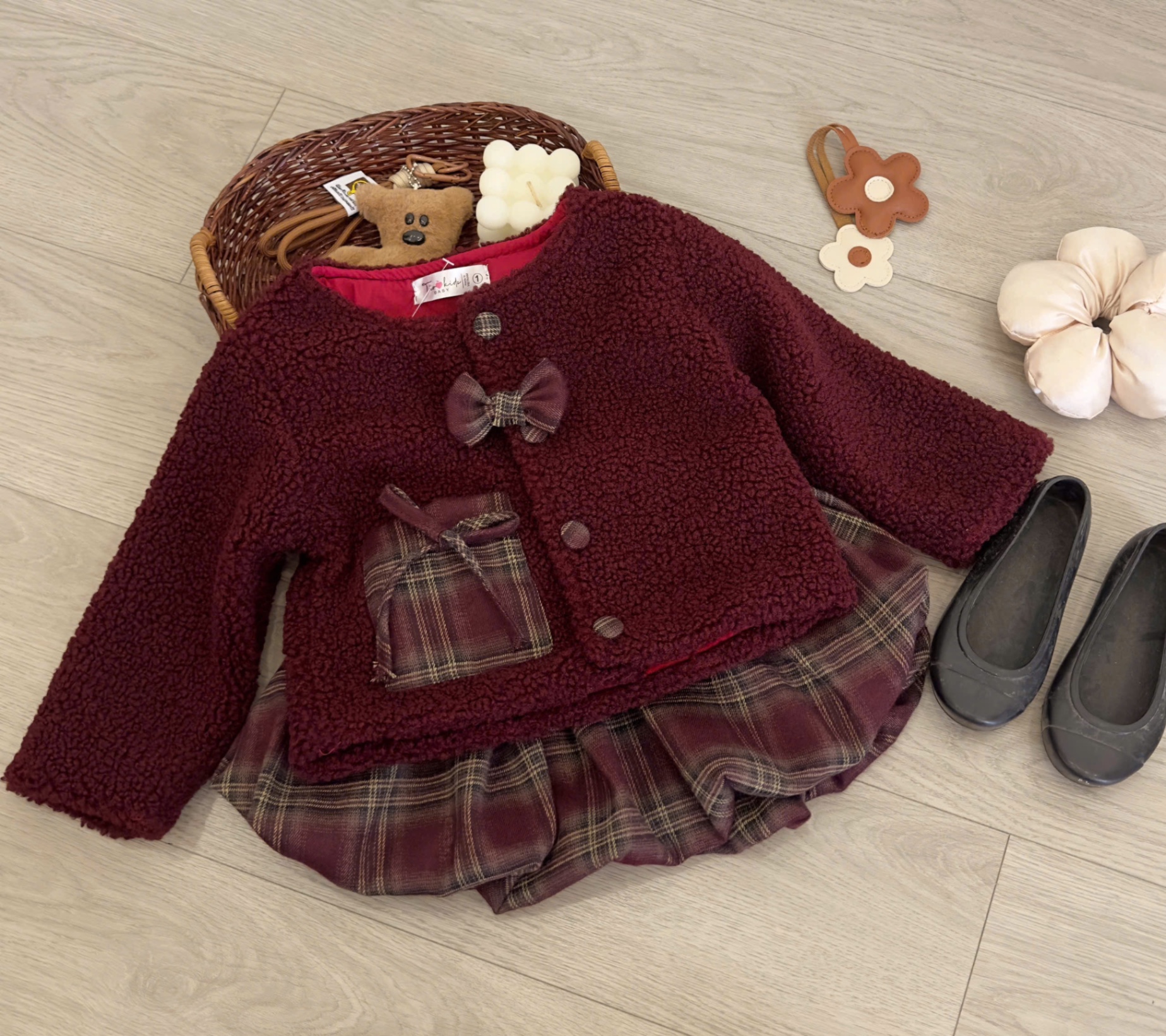 Sét áo lông đỏ có lót cv bồng kẻ tk bé gái