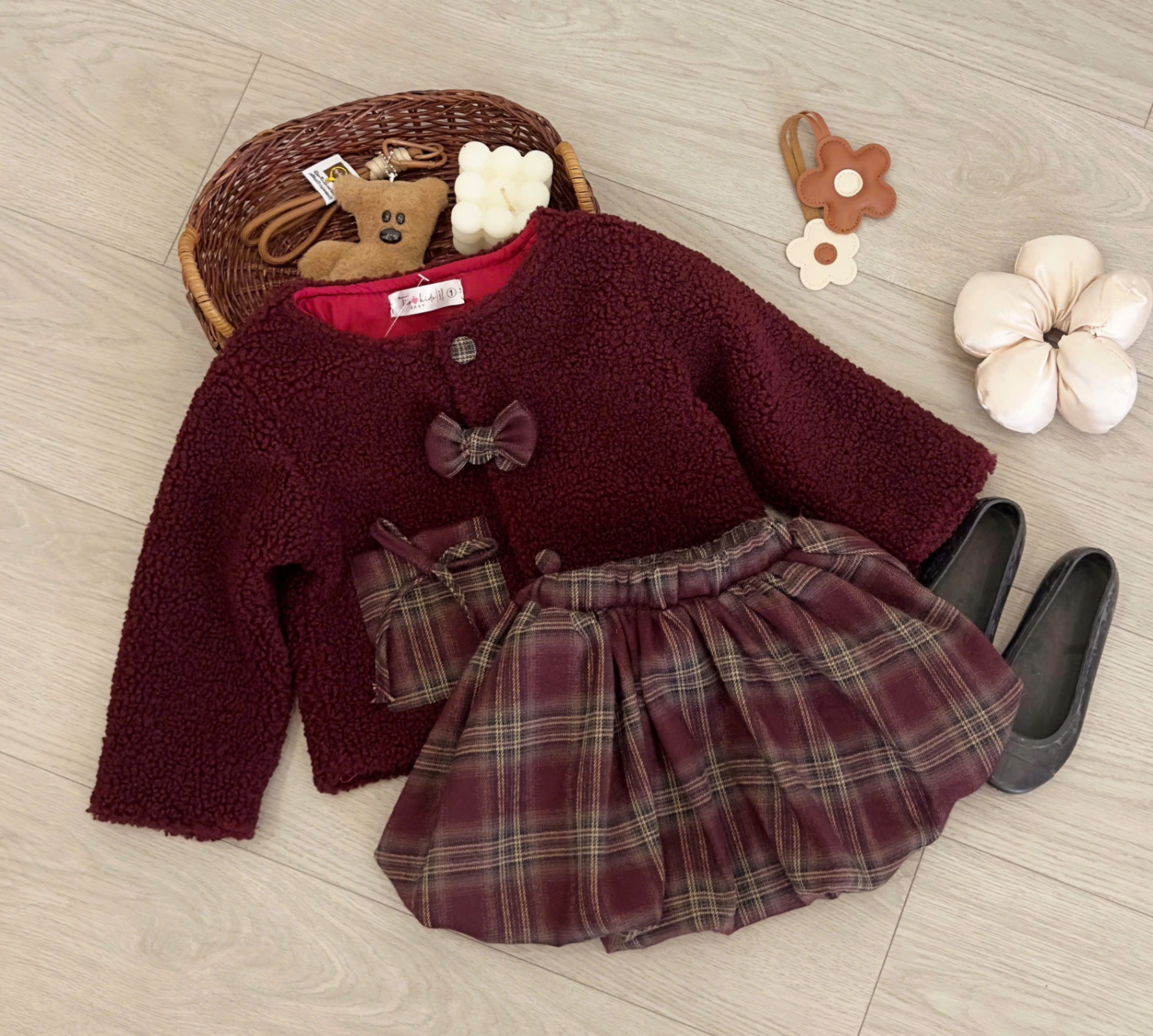 Sét áo lông đỏ có lót cv bồng kẻ tk bé gái