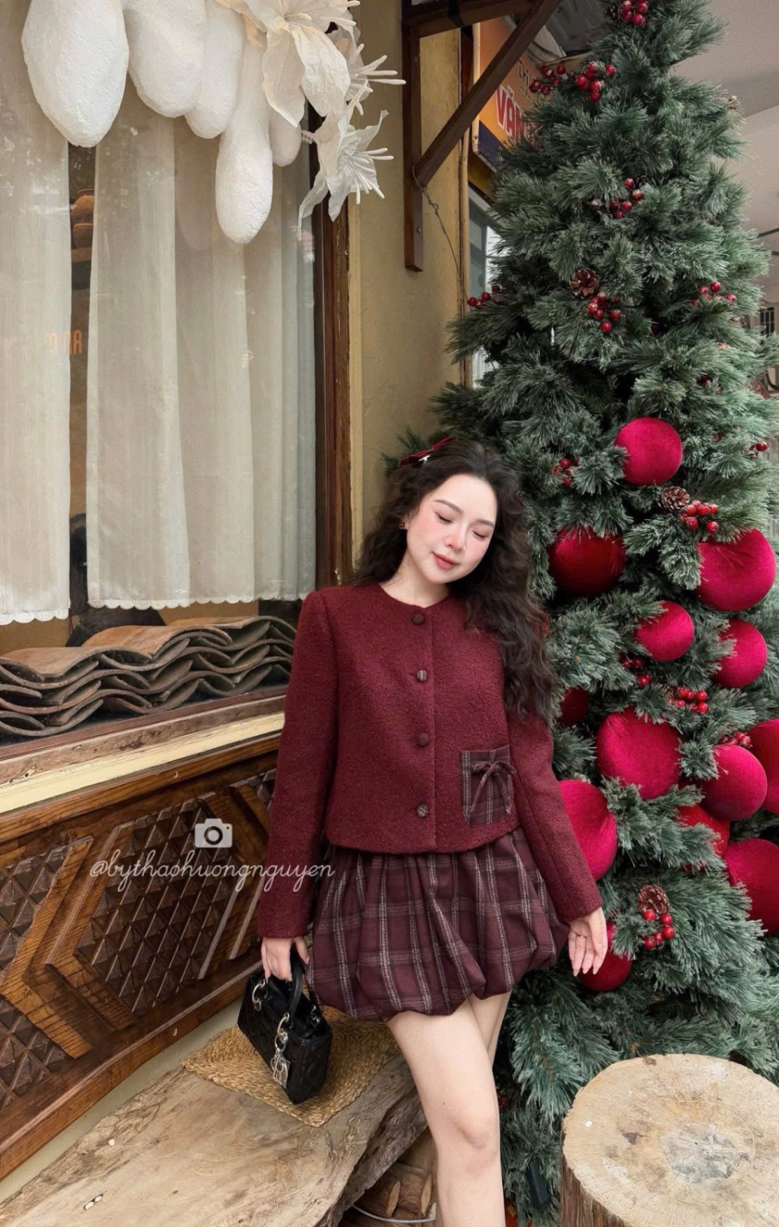 Sét áo lông đỏ có lót cv bồng kẻ tk bé gái