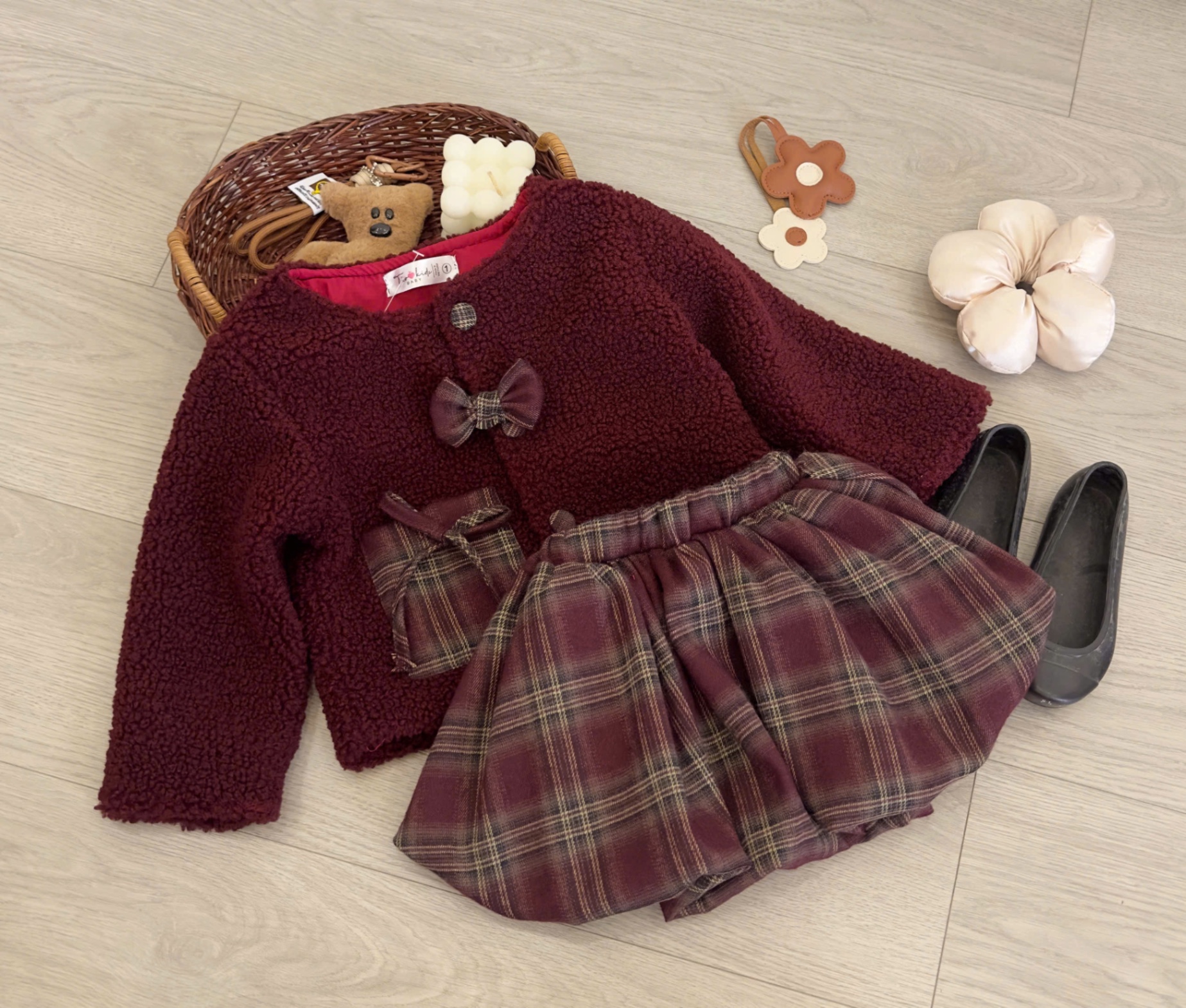 Sét áo lông đỏ có lót cv bồng kẻ tk bé gái