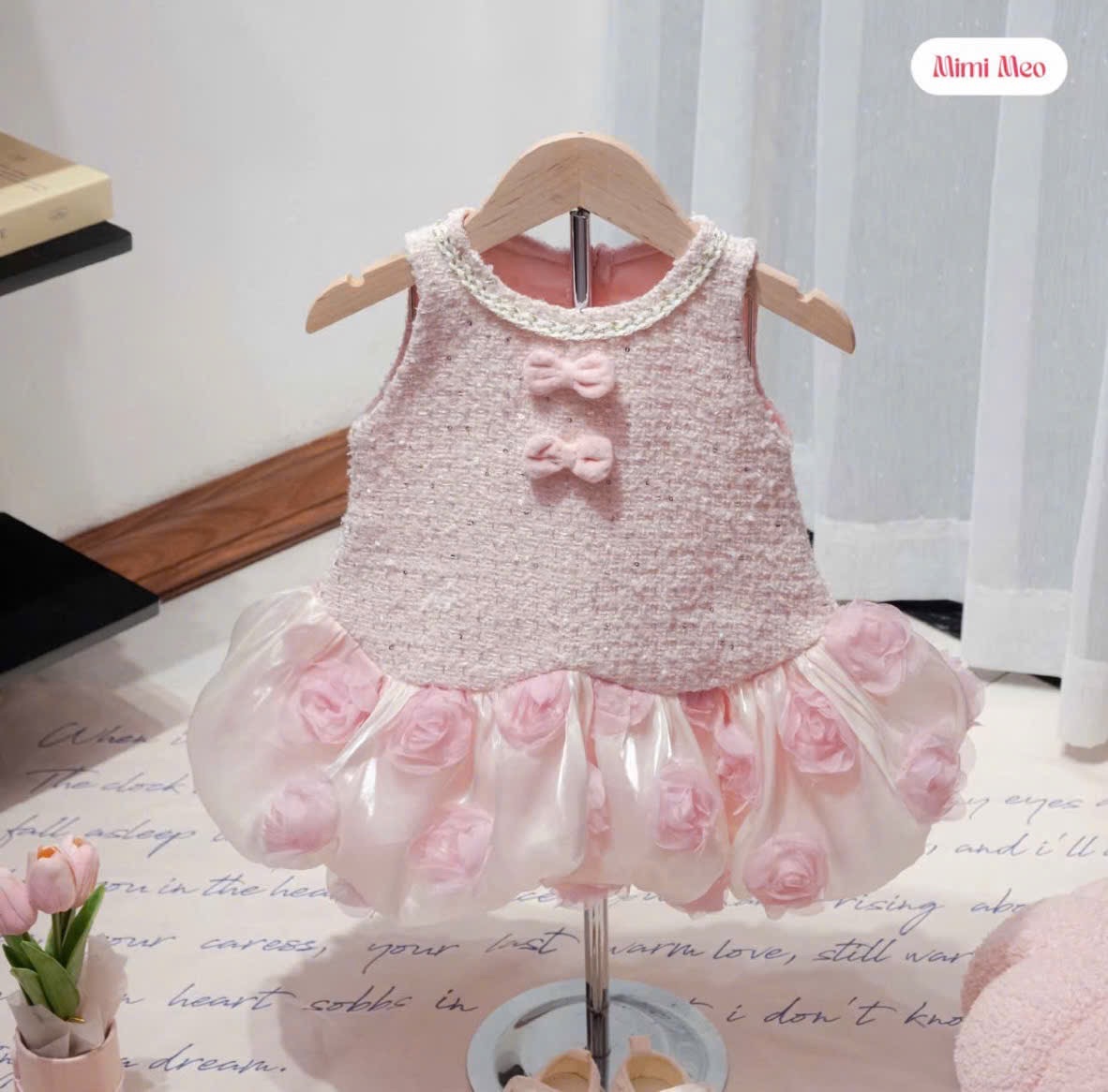 Váy dạ hồng phối thân bồng hoa bé gái