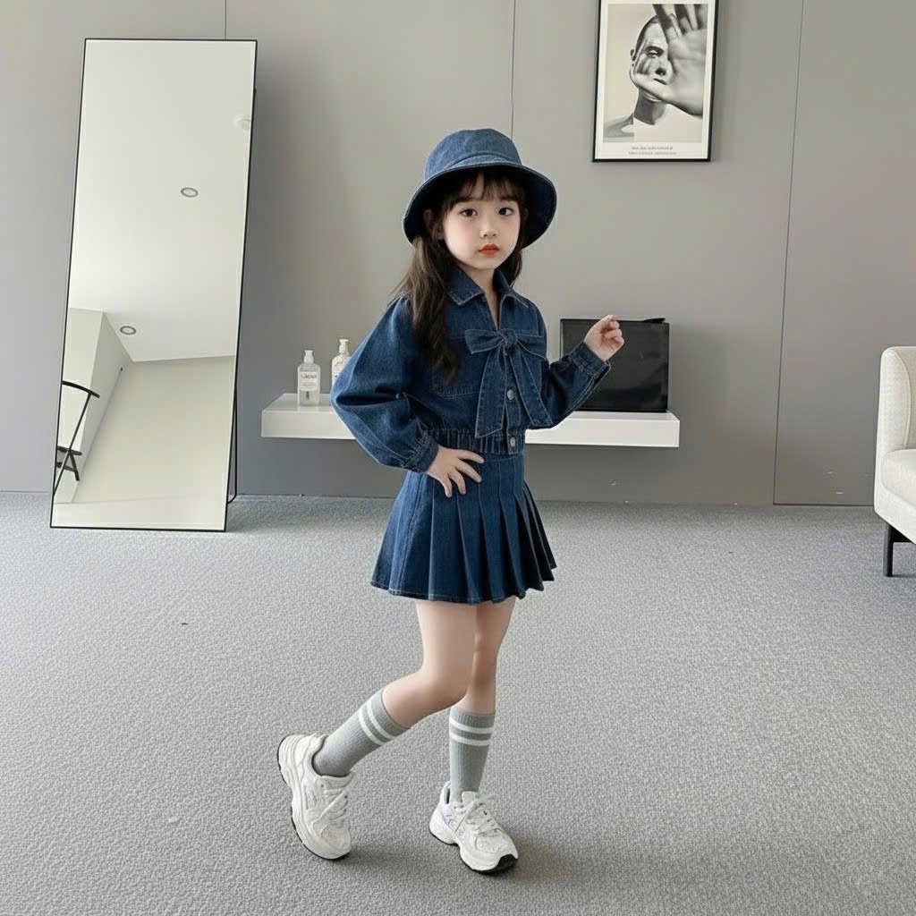 Sét bộ bò croptop cv dập ly kèm mũ bé gái