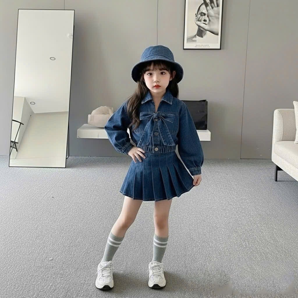 Sét bộ bò croptop cv dập ly kèm mũ bé gái